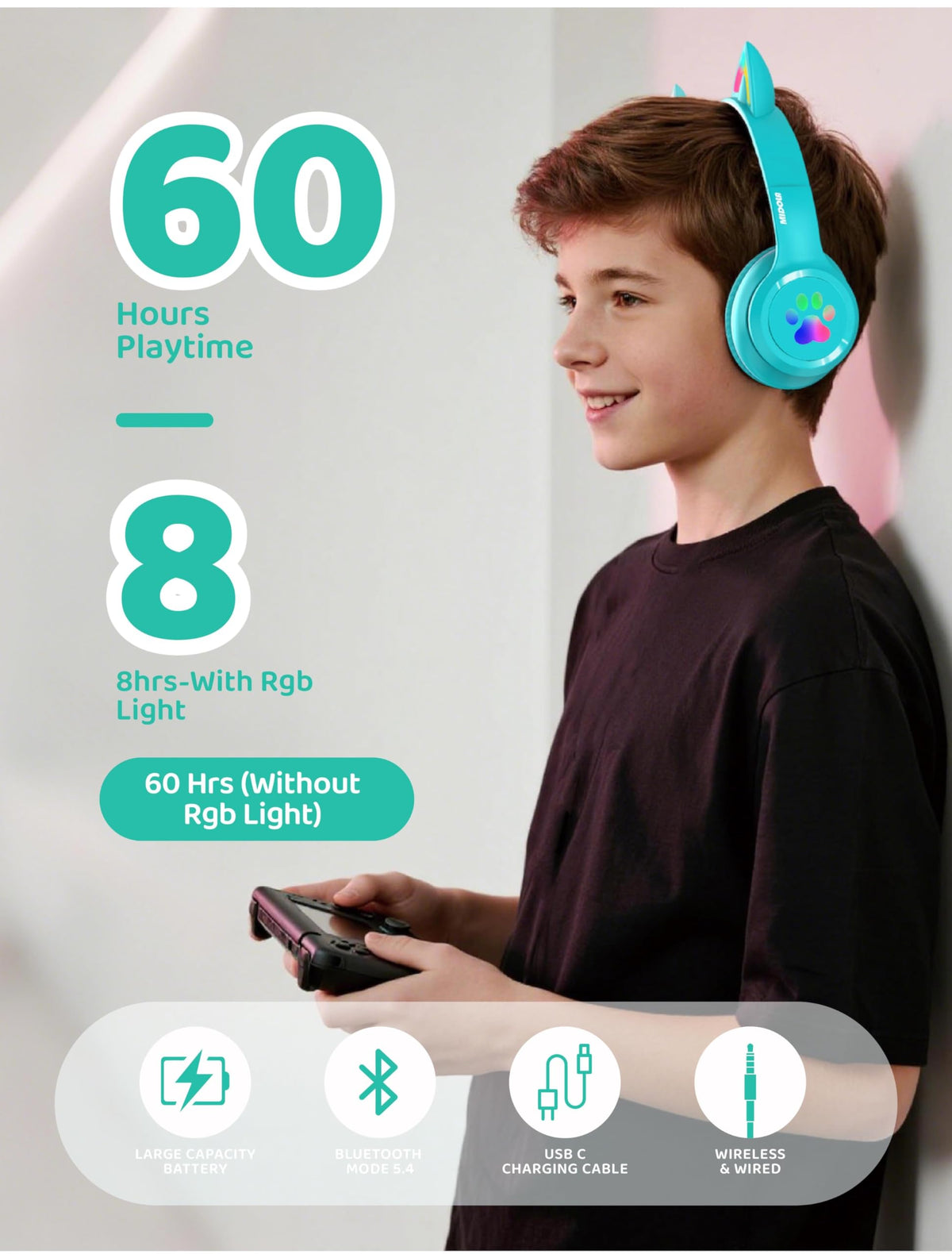 Midola Kids Headphones foldable design for compact packing and easy travel.
