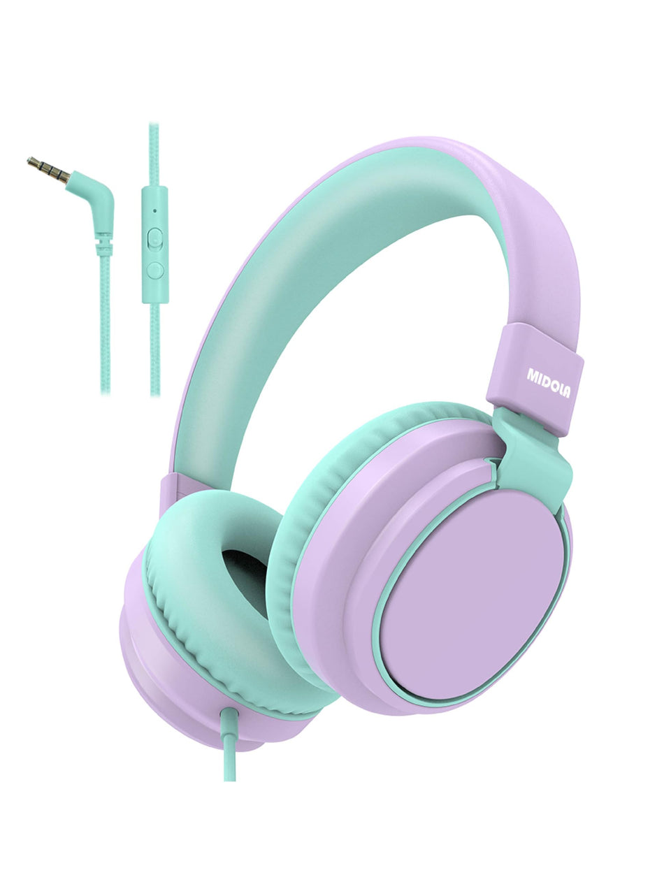 MIDOLA Kids Headphones folded and purple for easy travel use.