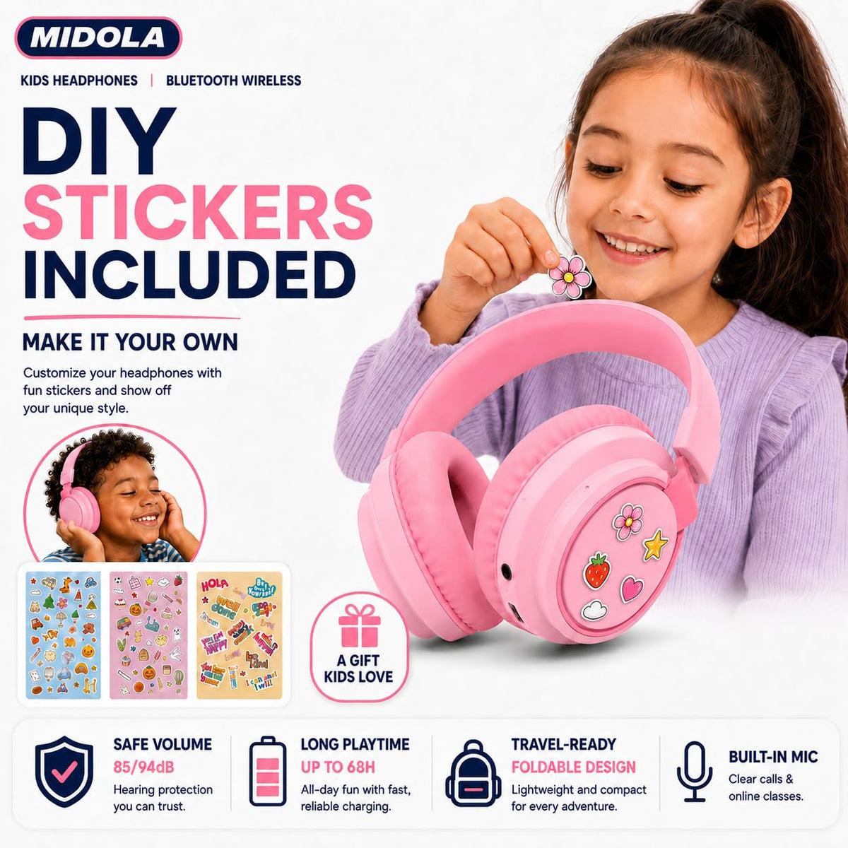 MIDOLA foldable travel-ready kids headphones