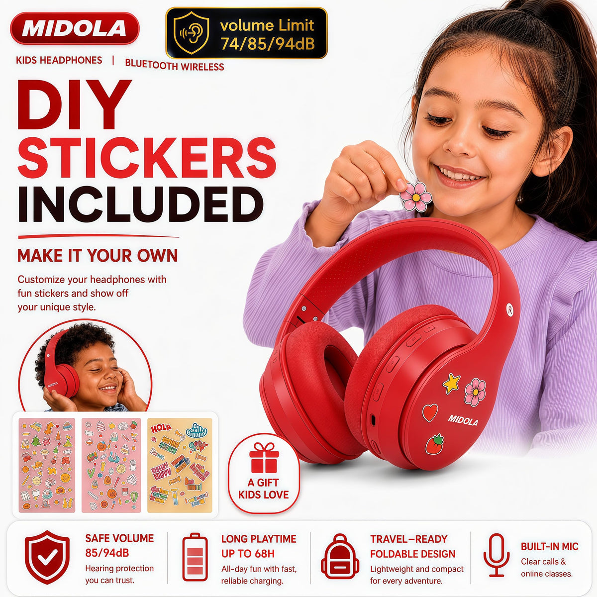 MIDOLA Kids Headphones built-in mic for hands-free calls