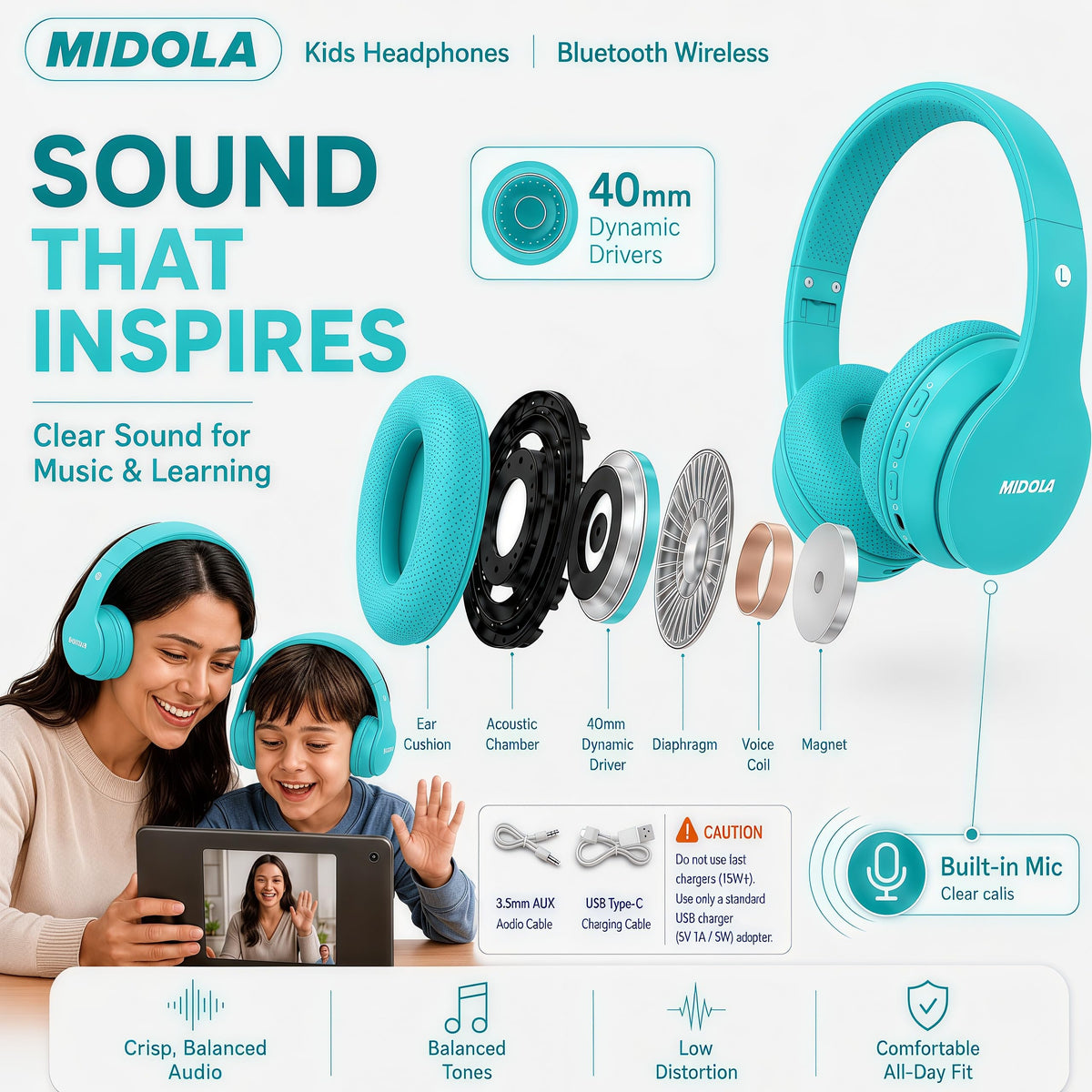 Adjustable headband on Midola headphones grows with children.