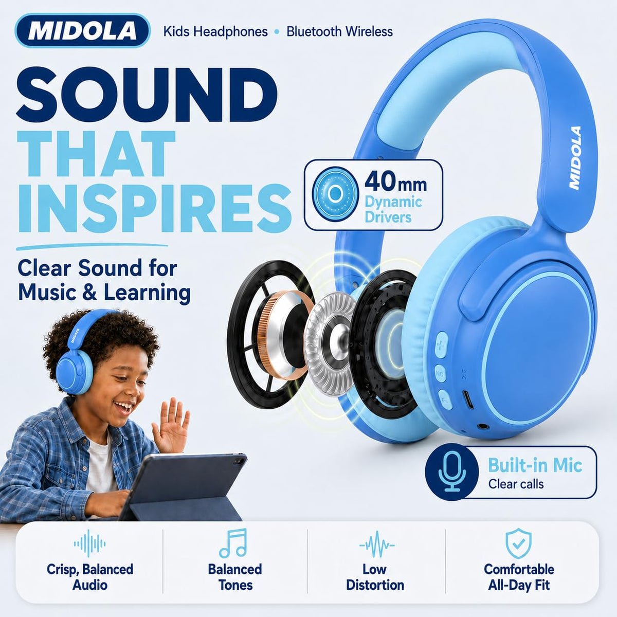 MIDOLA built-in microphone ensures clear calls during classes.