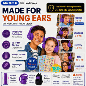 MIDOLA Kids headphones on desk in purple, ready for study or video calls.