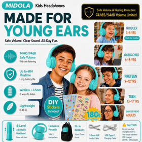 Child wearing Midola headphones for comfortable all‑day listening.