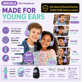 Midola Kids Headphones on head with soft cushions for comfortable long listening