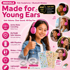 Midola Kids Headphones Rose Pink on head with soft ear cushions for comfort