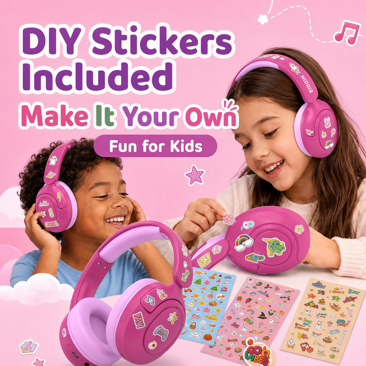 Midola Kids Headphones Rose Pink Type-C charging for fast power