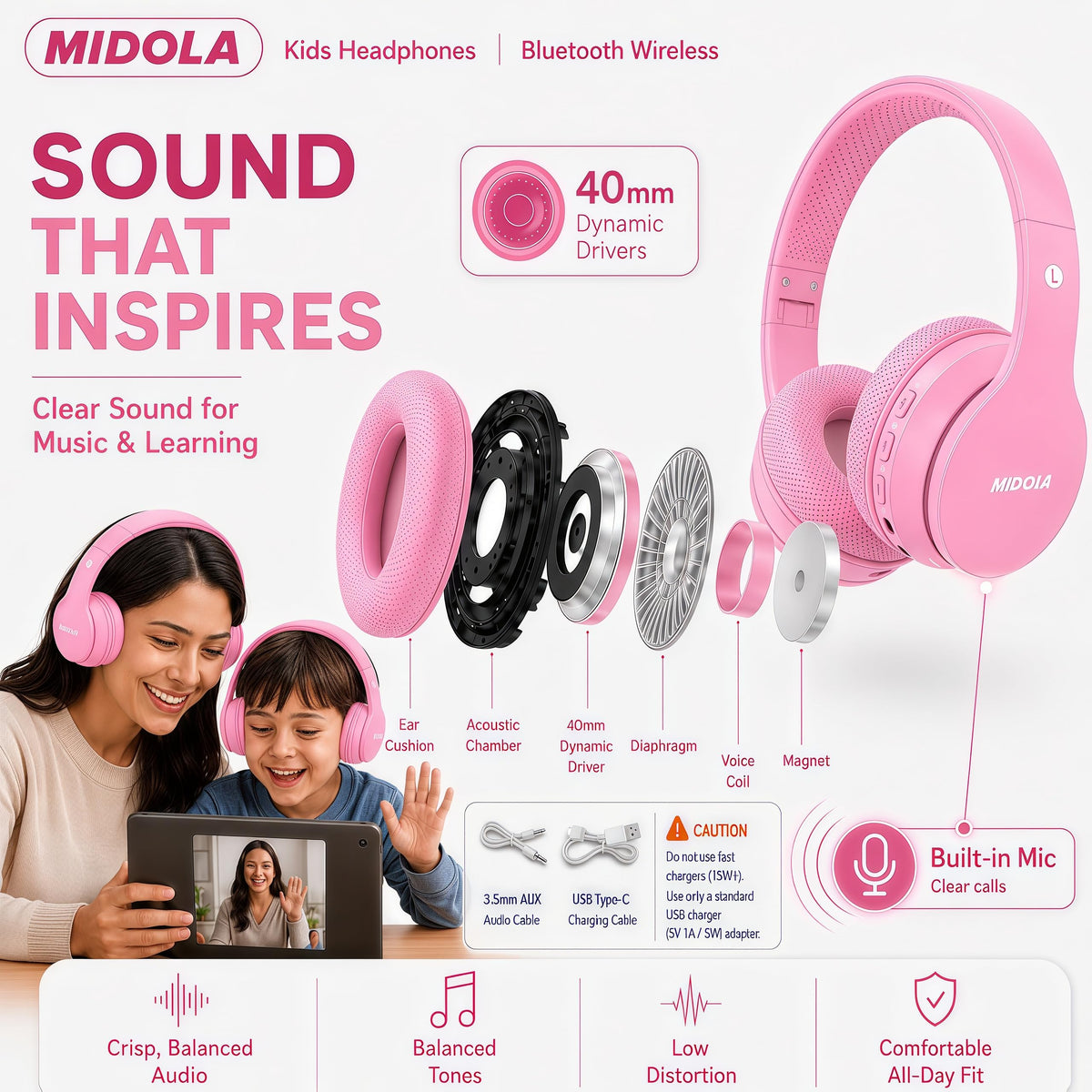MIDOLA soft ear cushions provide comfortable all-day wear