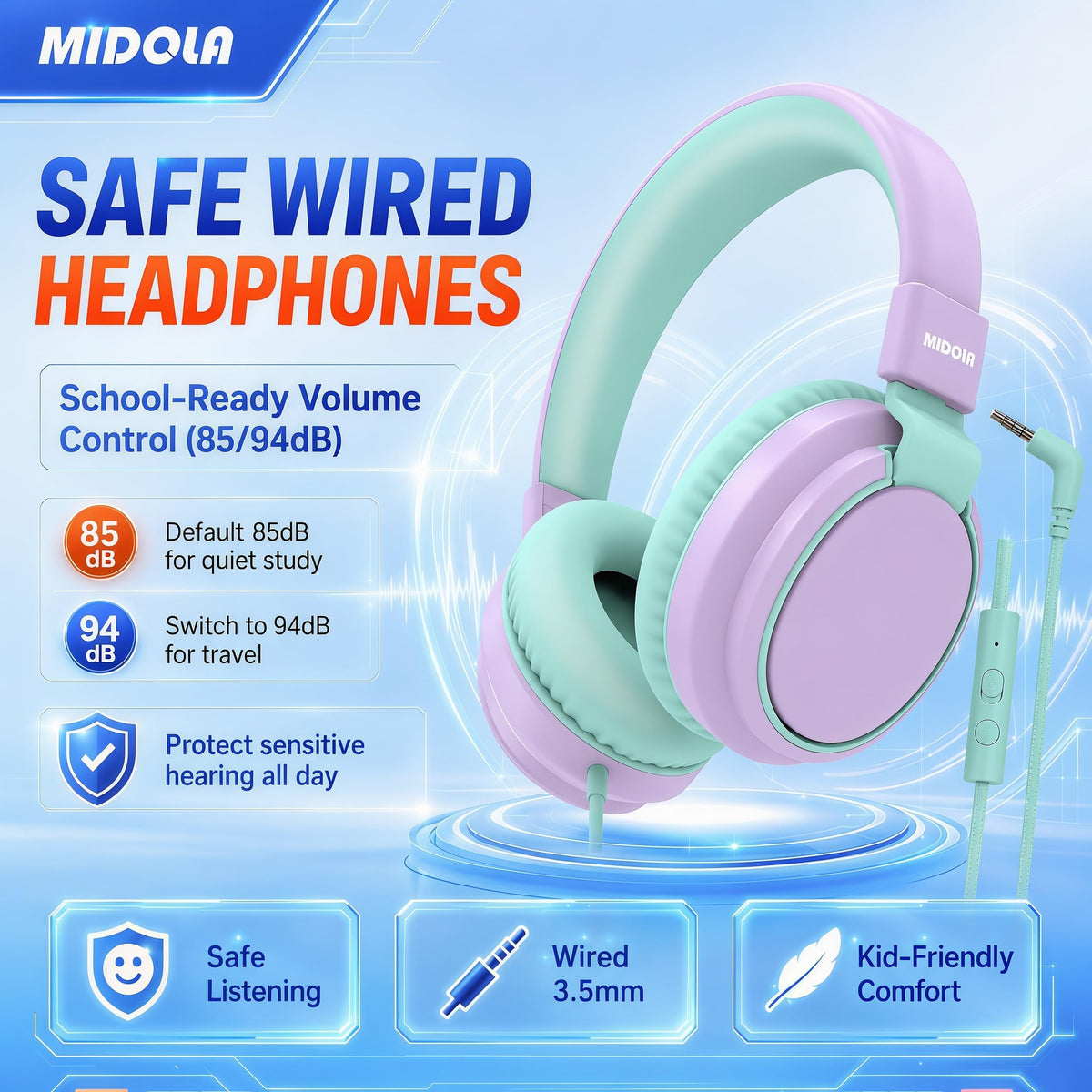 MIDOLA Kids Headphones with soft over-ear cushions for comfortable wear.