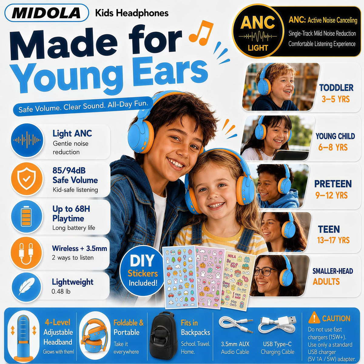 MIDOLA Kids Bluetooth Headphones showing 74dB volume protection for gentle listening.