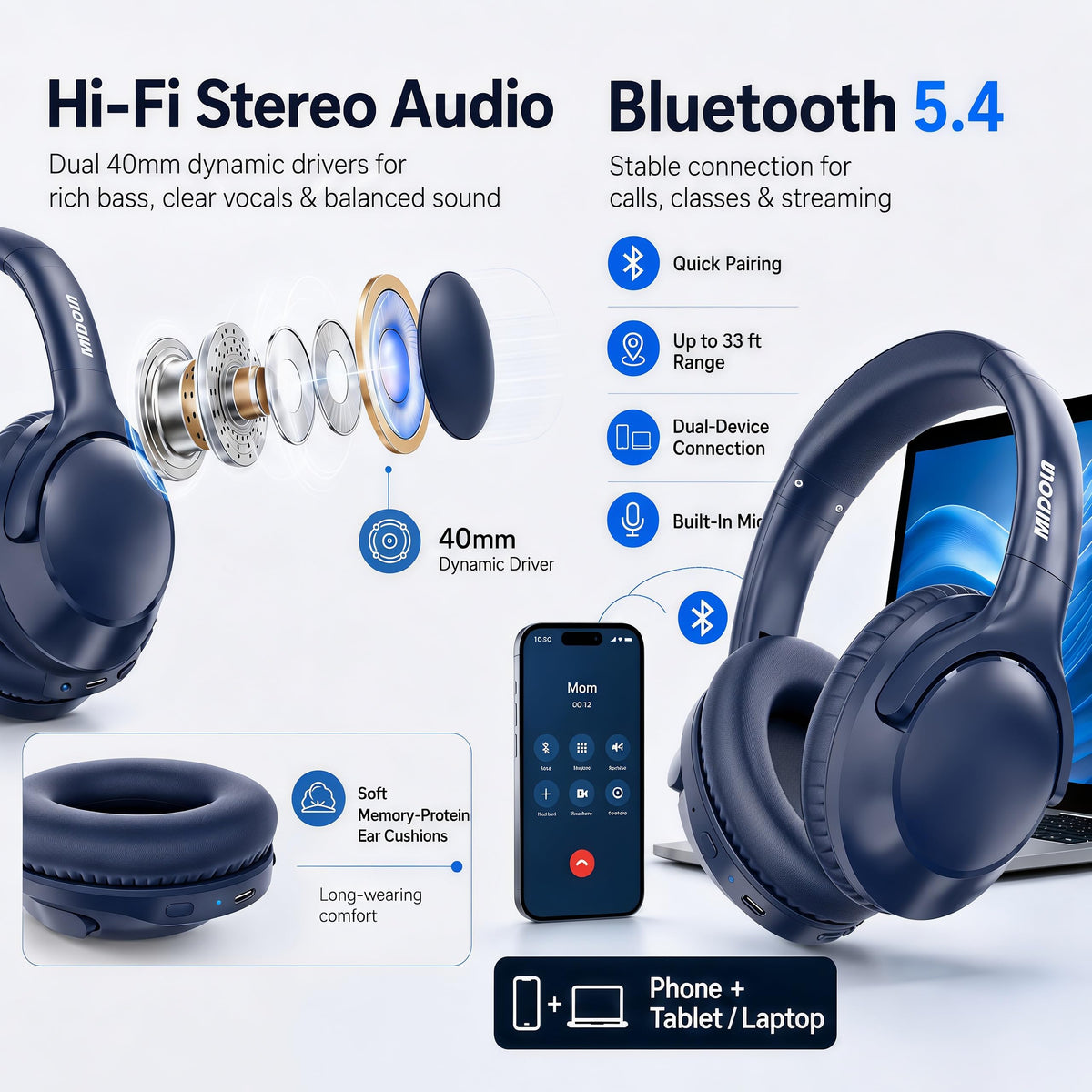 MIDOLA packaging includes headphones, cable, charging cable, and manual.