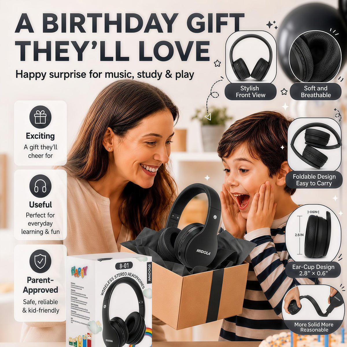 MIDOLA three-stage volume limit 74/85/94dB for age-appropriate listening