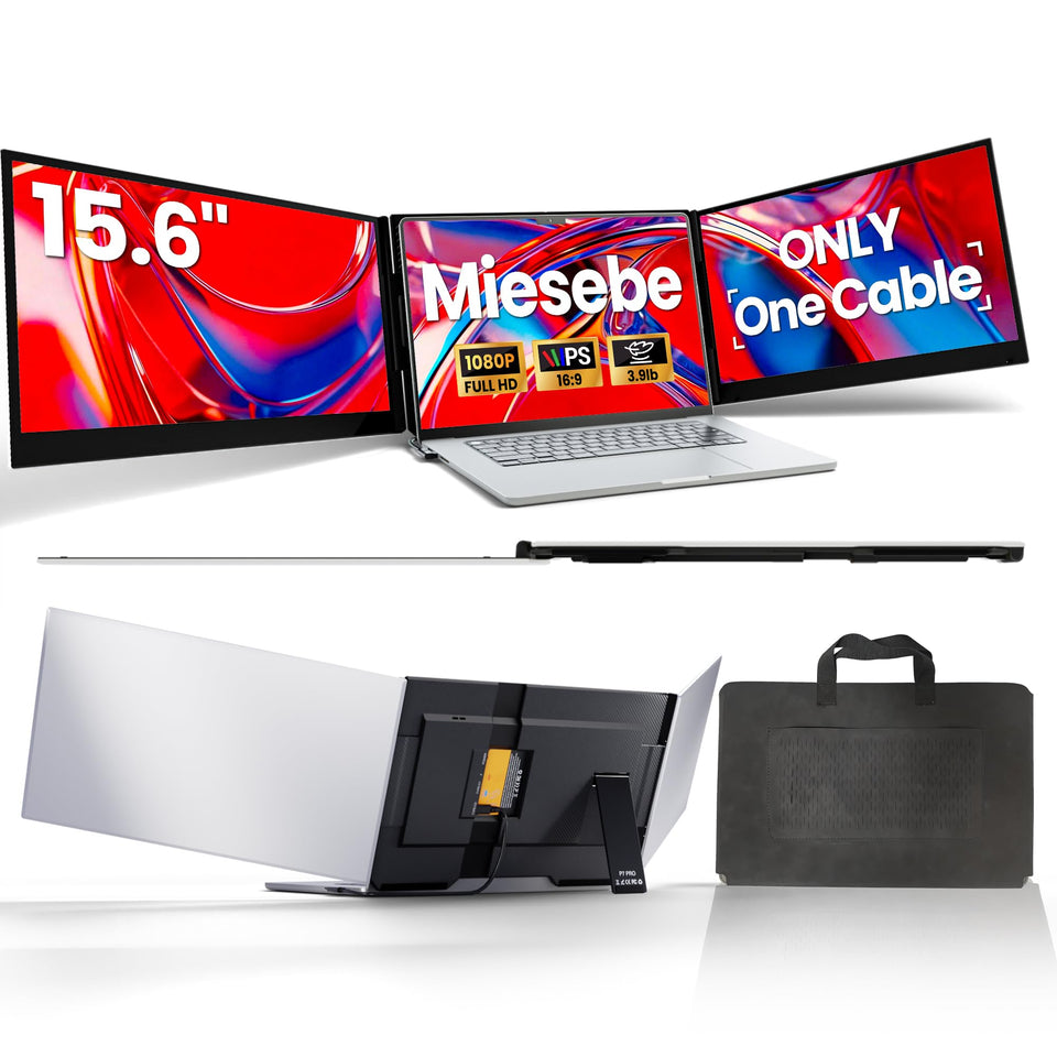 Miesebe triple monitor laptop extender folded flat for travel and packing.