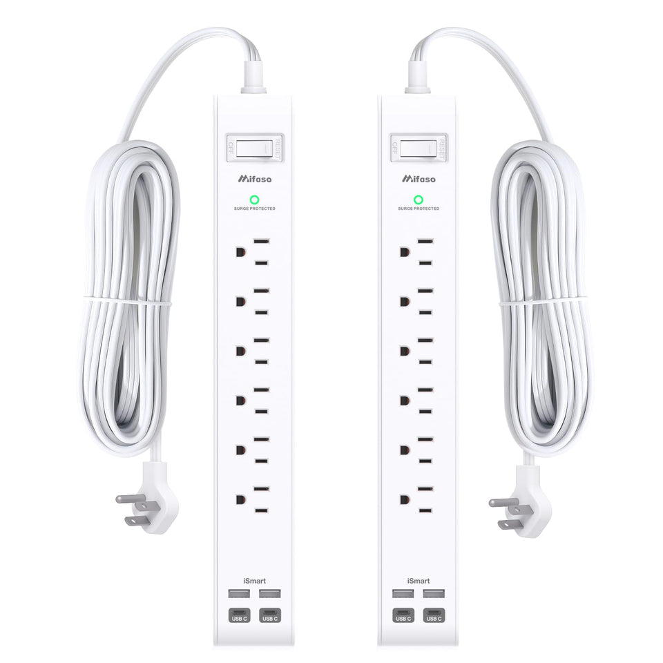 Mifaso 2-pack power strip front view with six outlets and USB ports for desk setup.