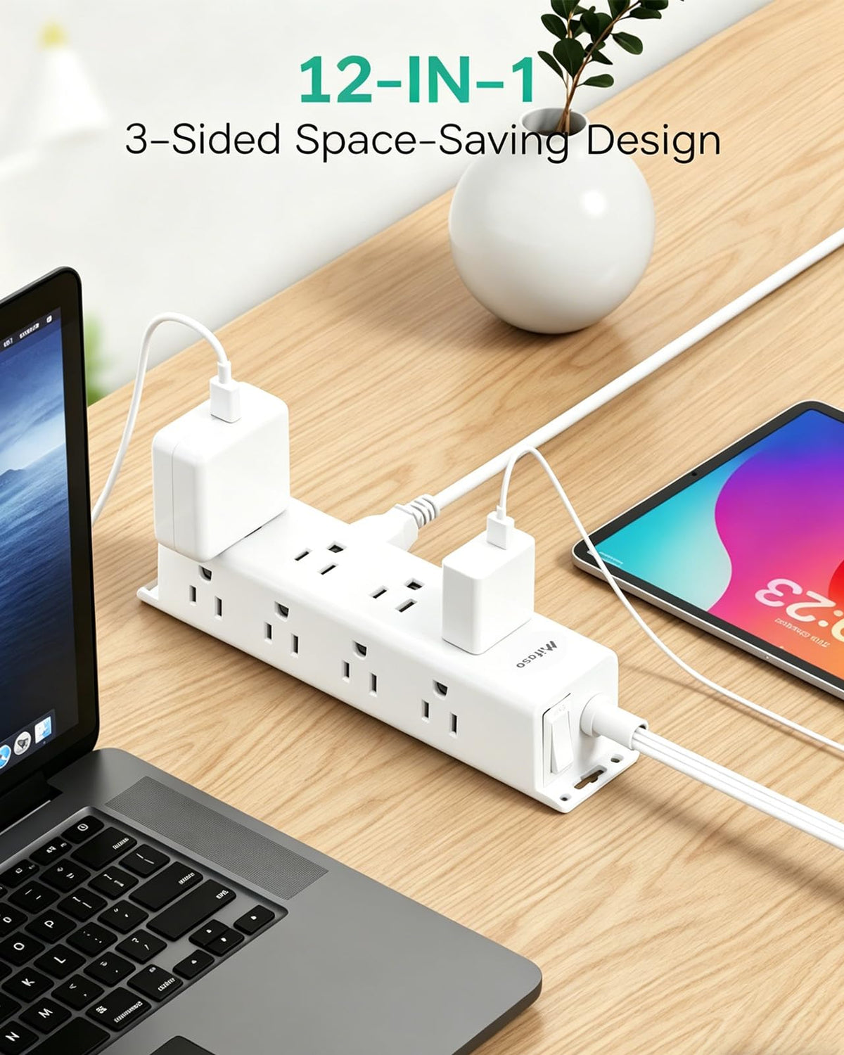 Mifaso 3-side power strip on a desk prevents outlet crowding.