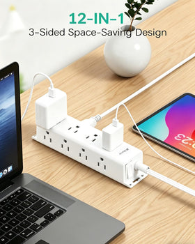 Mifaso 3-side power strip on a desk prevents outlet crowding.