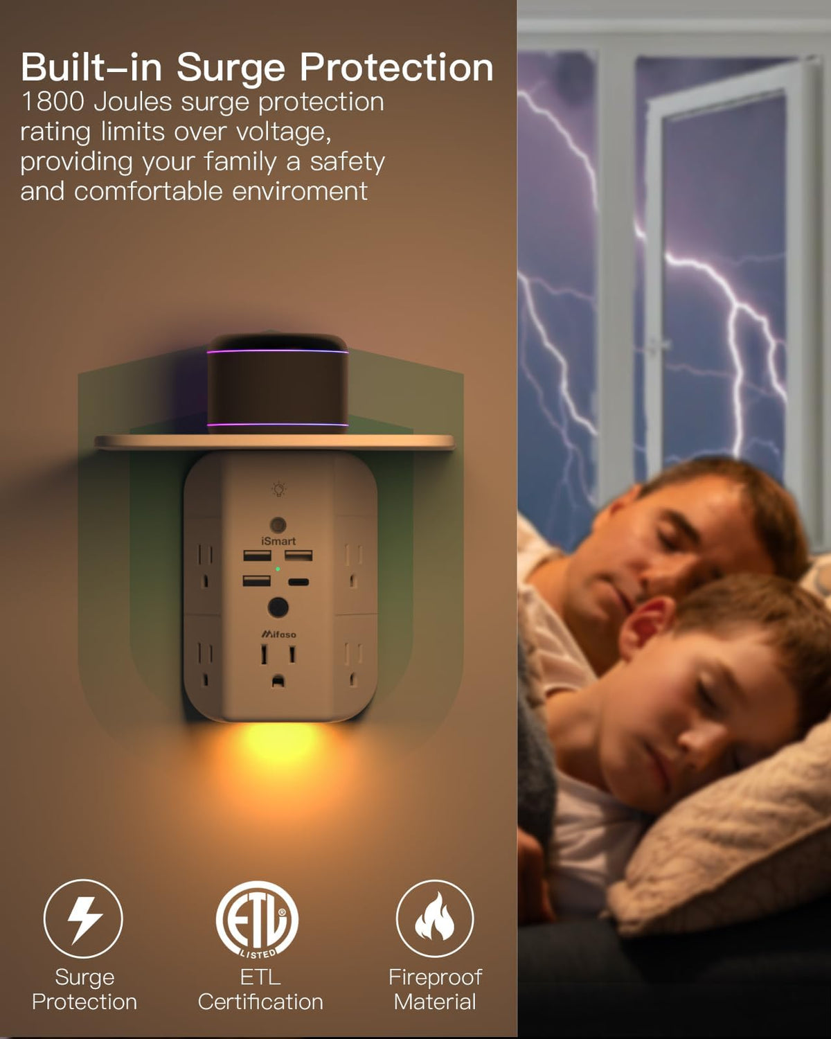 Mifaso 3-sided power strip provides wide spacing between outlets for large adapters.
