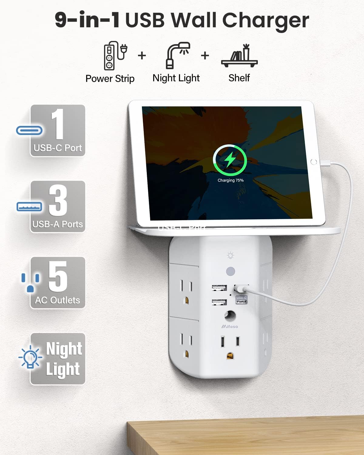 Mifaso outlet extender shows five AC outlets and USB ports for convenient charging.