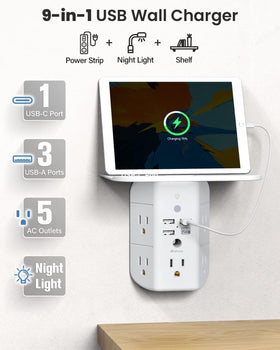 Mifaso outlet extender shows five AC outlets and USB ports for convenient charging.