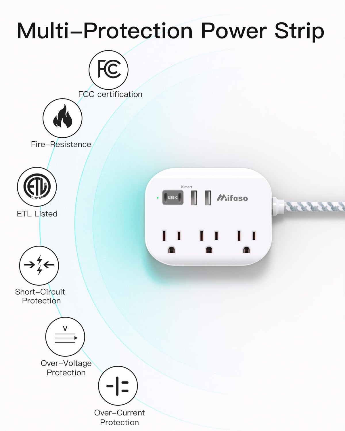 Mifaso compact travel-friendly power strip for luggage-ready use.