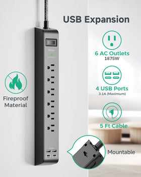 Mifaso detailed view of six AC outlets spaced to fit bulky adapters easily