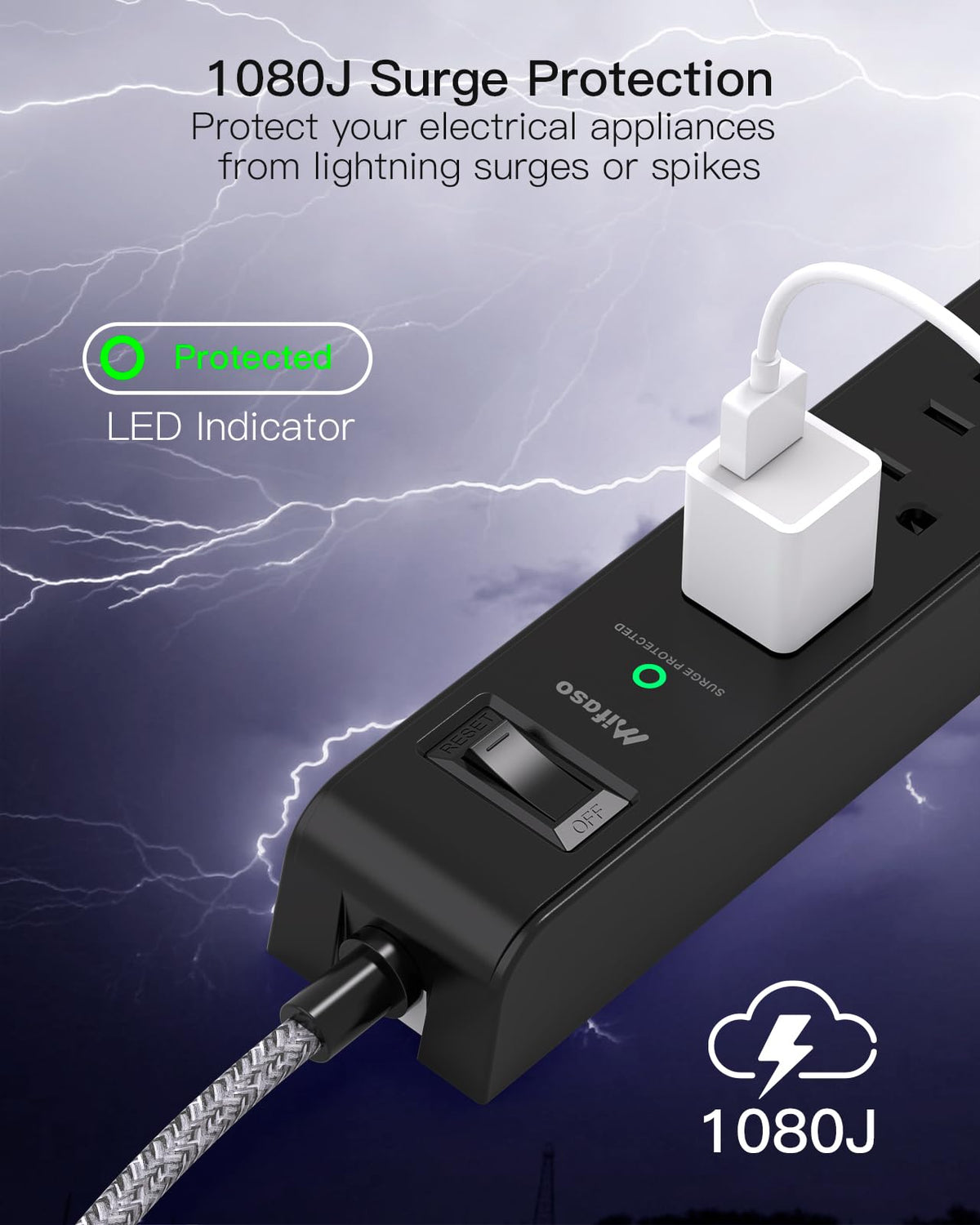 Mifaso power strip plugged behind sofa, flat plug enables furniture to sit flush