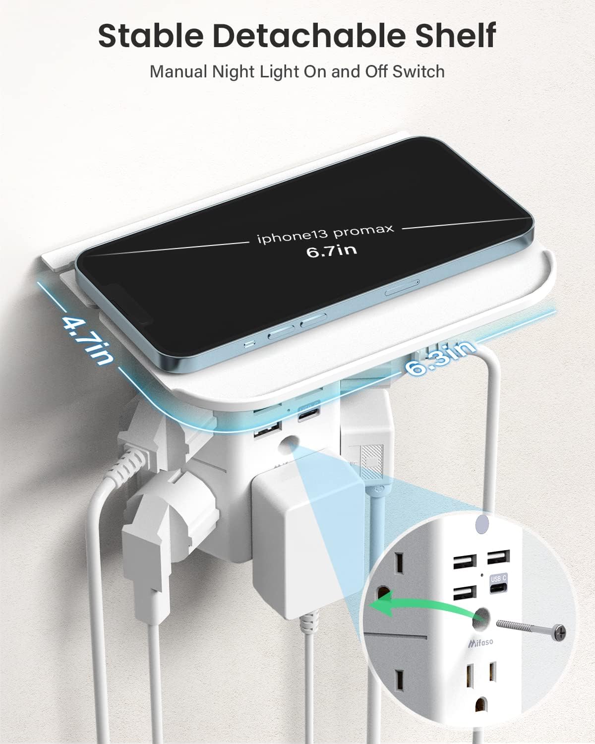 Mifaso detachable shelf keeps phones and accessories neatly within reach.