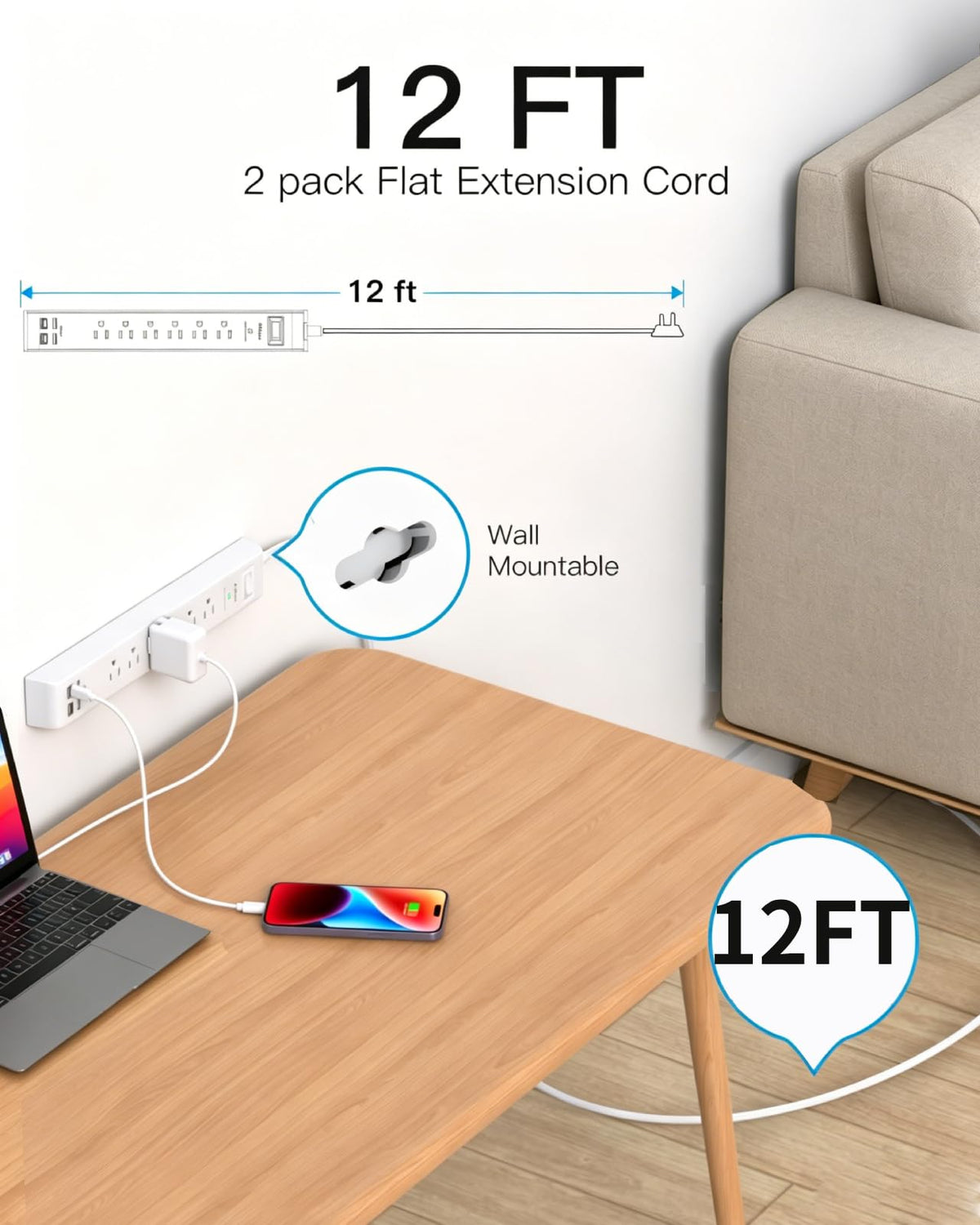 Mifaso flat right-angle plug and 12ft cord for flexible placement benefit