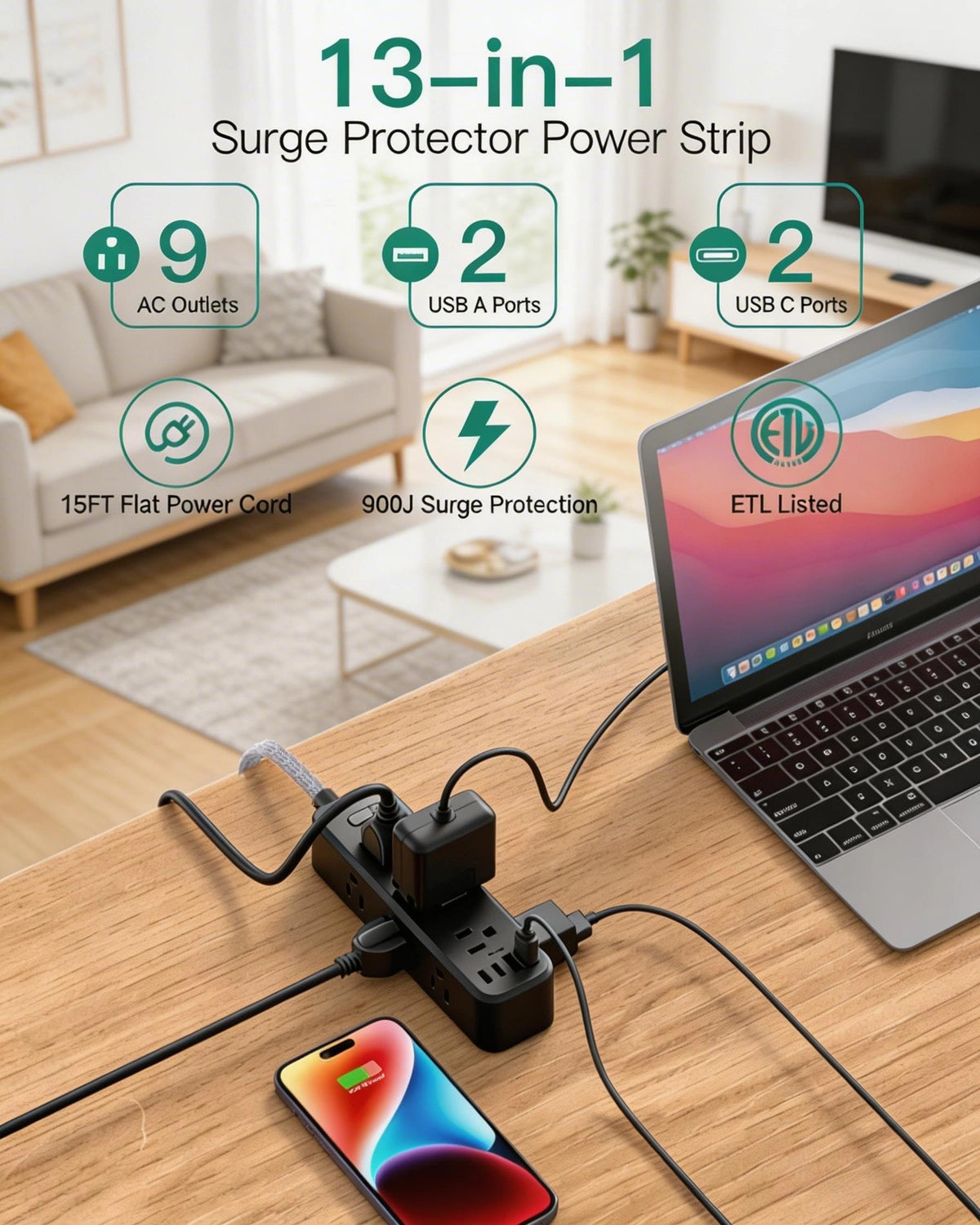 Mifaso flat plug tucked behind furniture, enabling flush placement and saving space