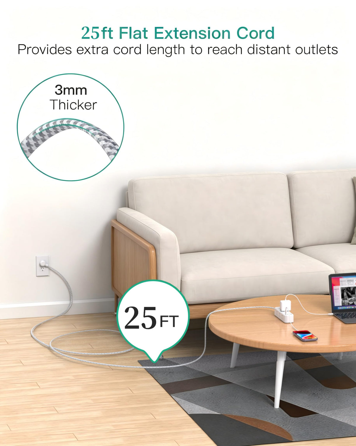 Mifaso flat 45-degree plug tucked behind furniture saving space and preventing bending