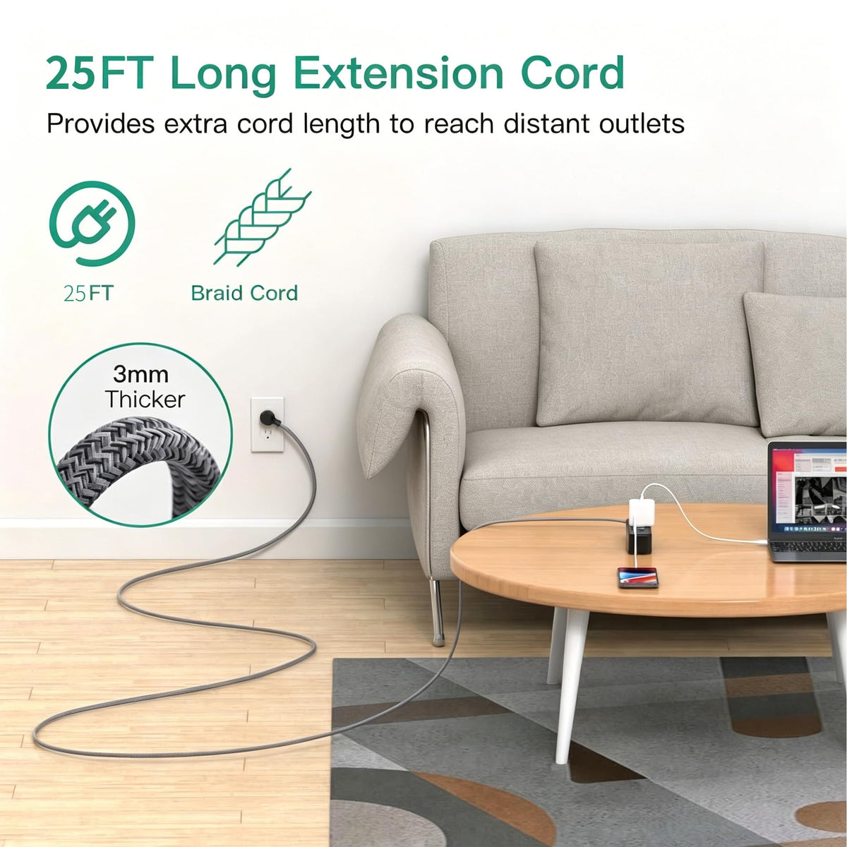 Mifaso flat plug tucked behind furniture to save space and allow flush placement