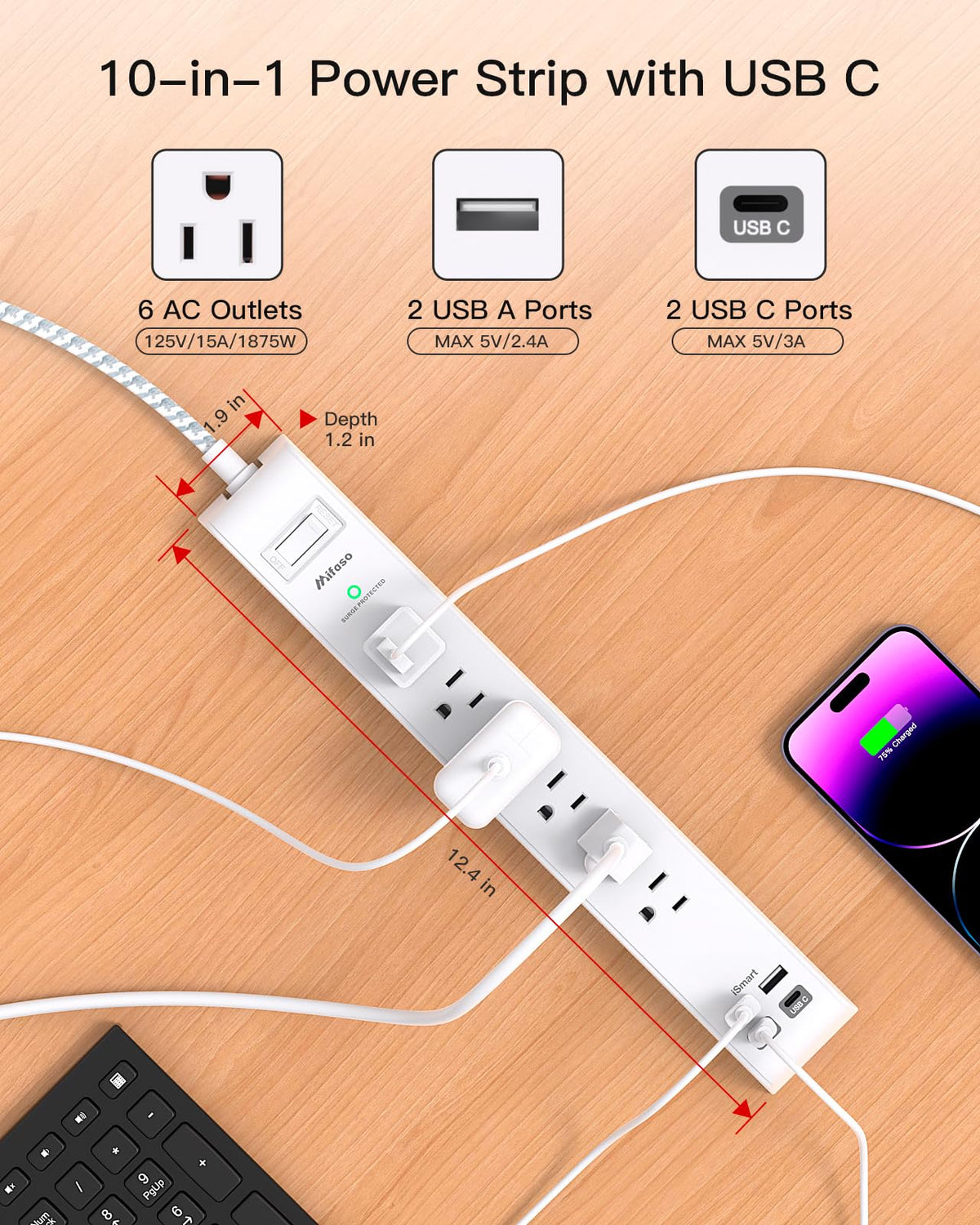 Mifaso close-up of ultra slim flat plug for furniture-friendly placement