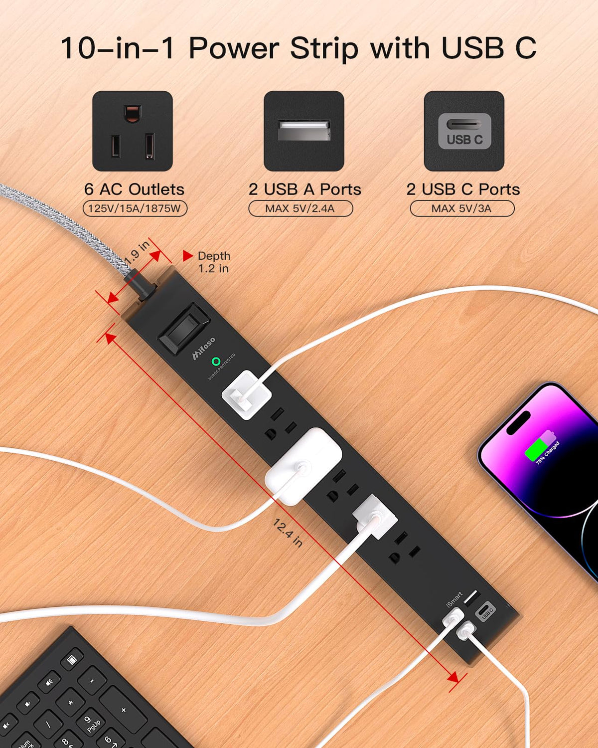 Mifaso close-up of right-angle flat plug and 5-foot braided cord for tight spaces