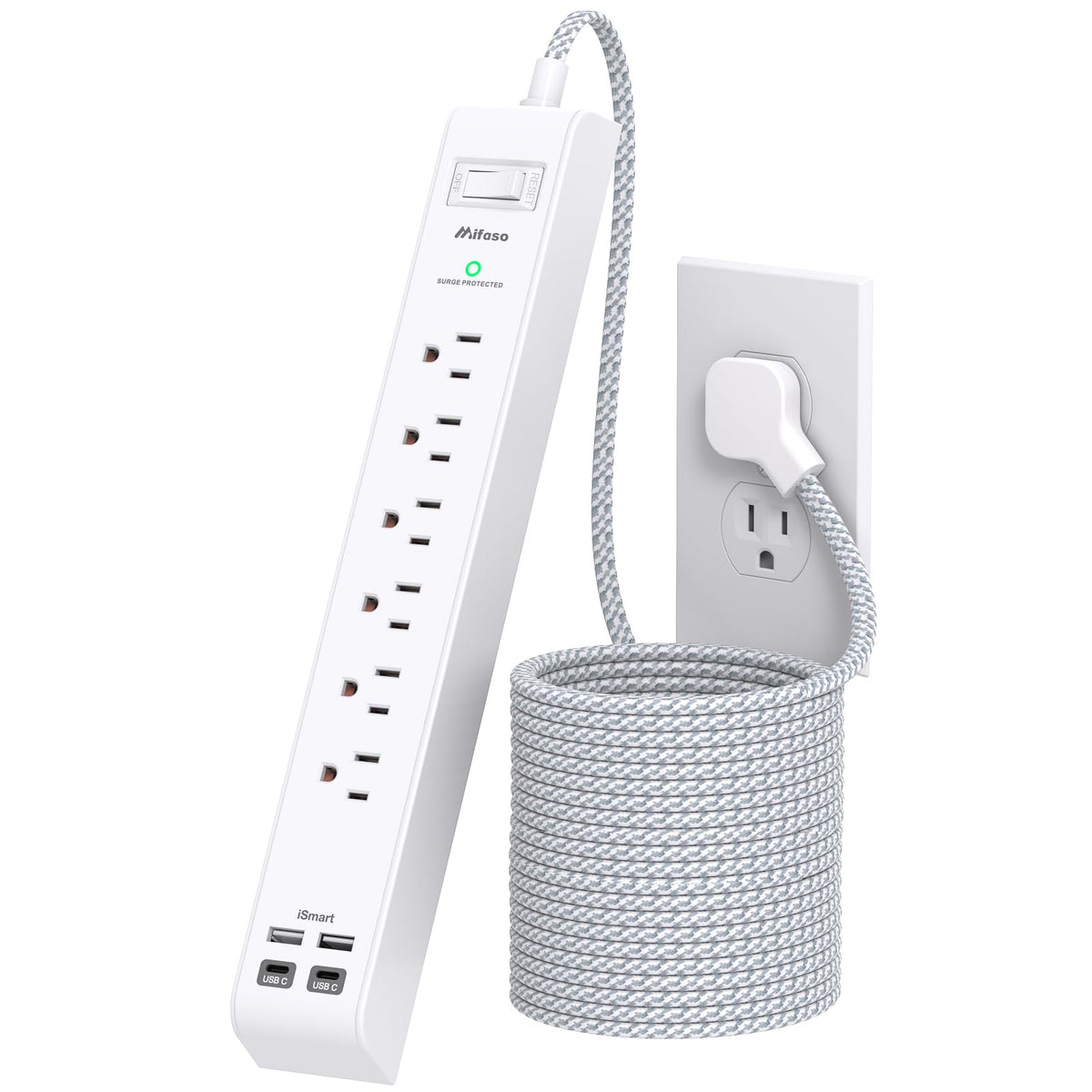 Mifaso front view showing six AC outlets and four USB ports for versatile charging