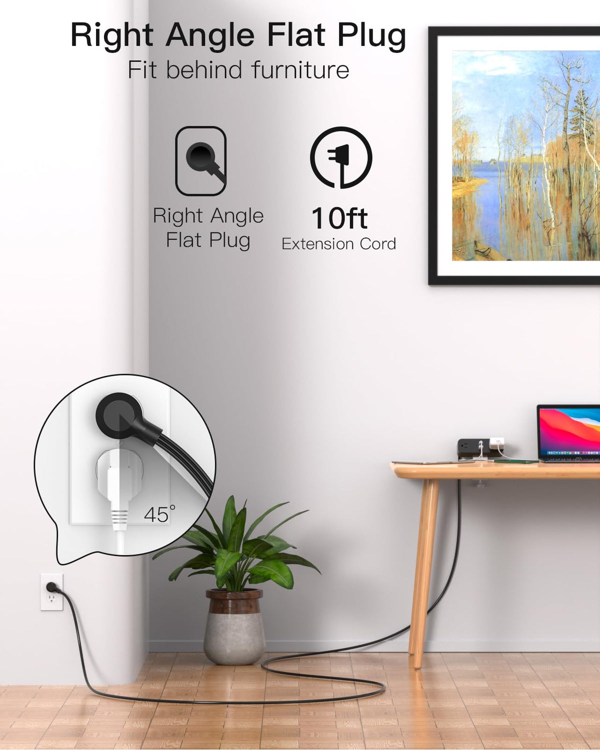 Mifaso flat low-profile plug fits neatly behind furniture.