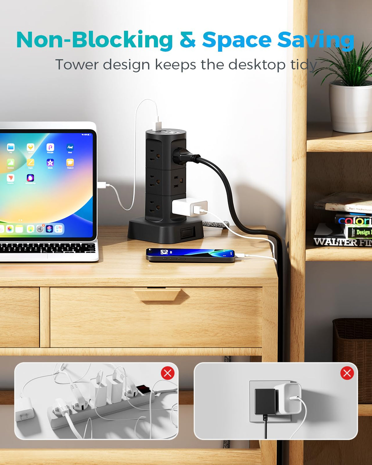 Mifaso ultra-flat plug sitting flush against wall for tight-space fit