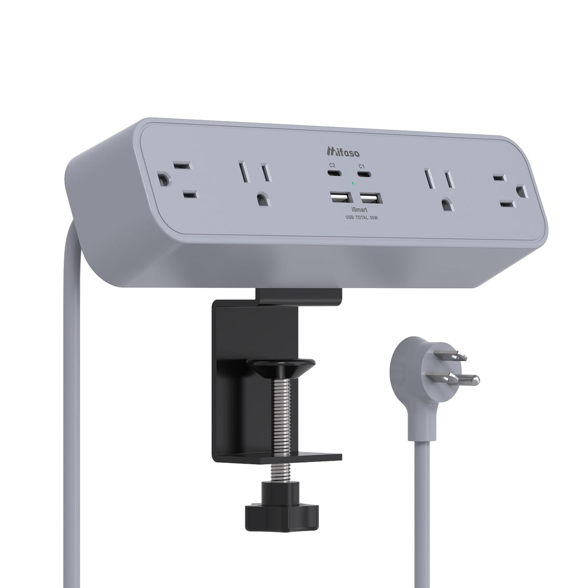 Mifaso front view showing clamp mount and full power strip, keeps desk organized