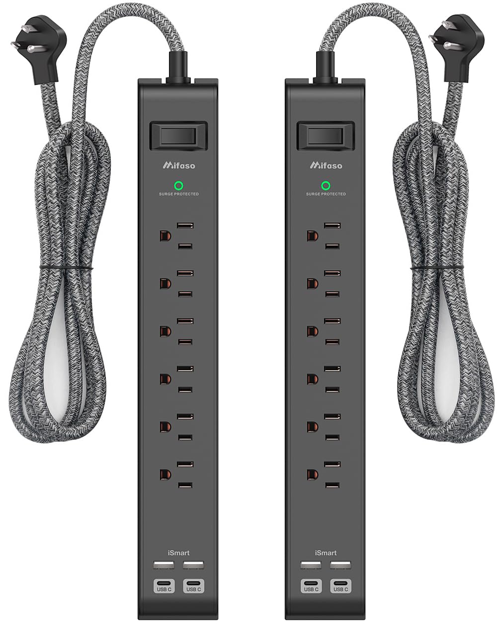 Mifaso front view of both strips showing outlets and USB ports for organized charging