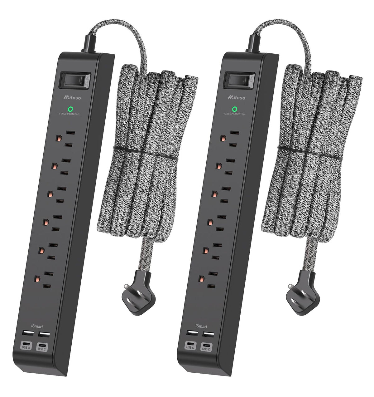 Mifaso front view of two black power strips showing six outlets and four USB ports, tidy charging