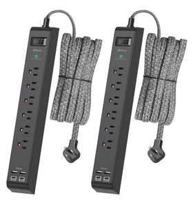 Mifaso front view of two black power strips showing six outlets and four USB ports, tidy charging