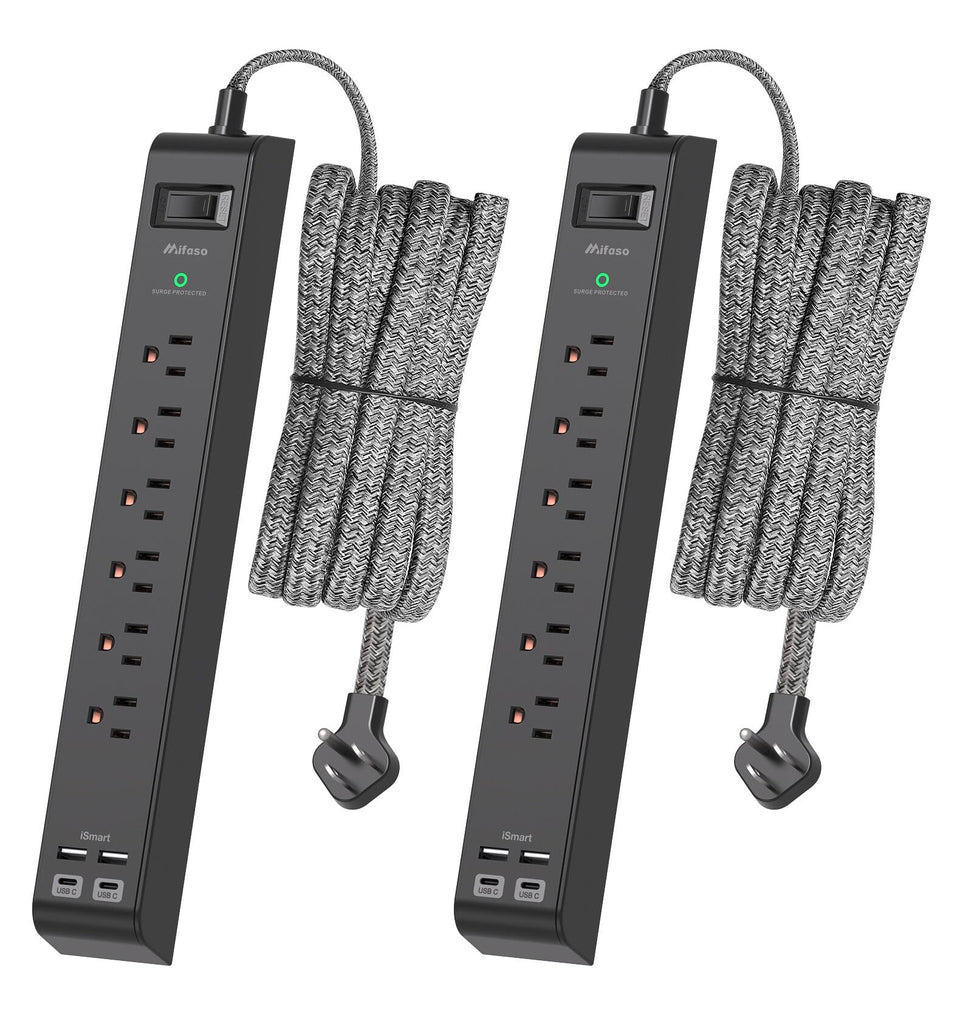 Mifaso front view of two black power strips showing six outlets and four USB ports, tidy charging
