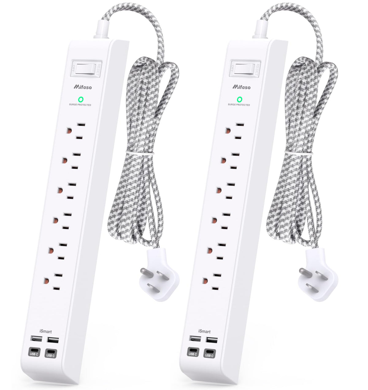 Mifaso front view power strip showing 6 outlets and 4 USB ports, tidy charging