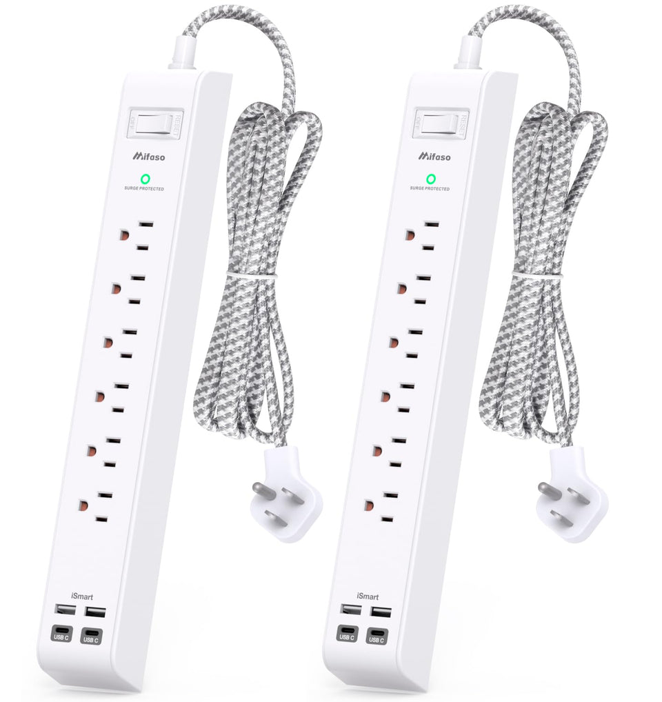Mifaso front view power strip showing 6 outlets and 4 USB ports, tidy charging