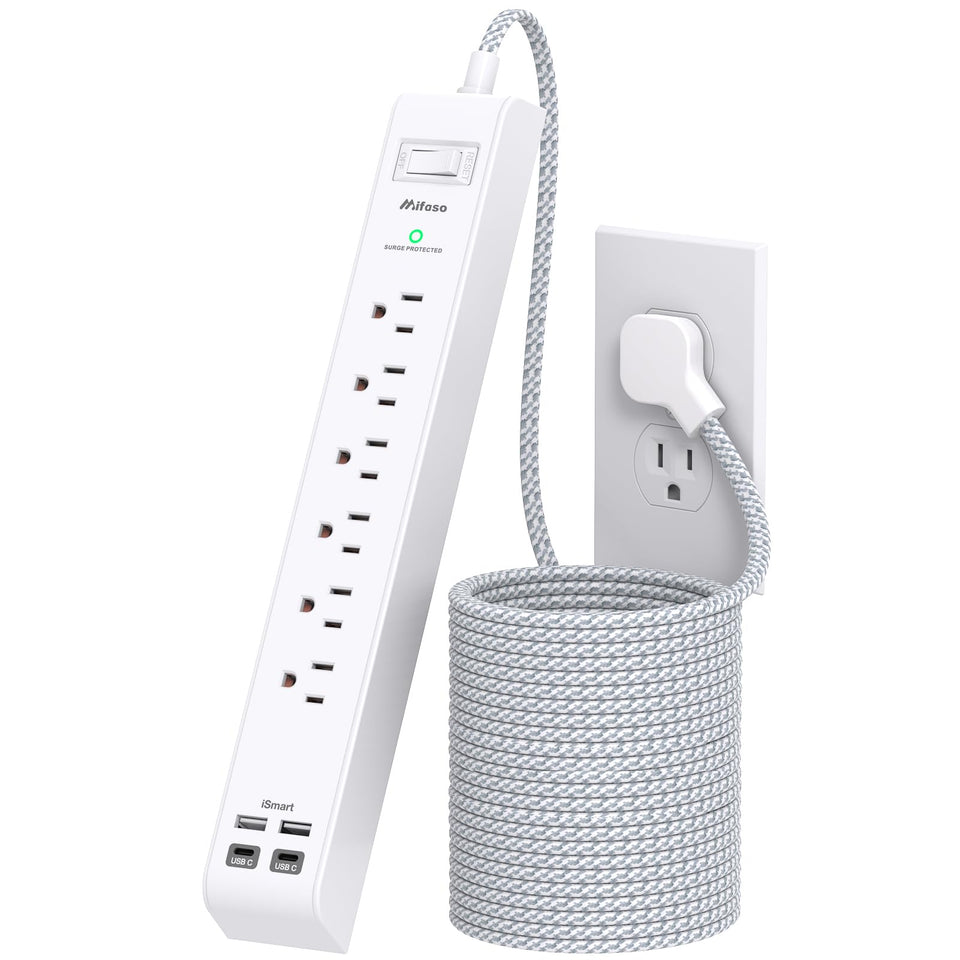 Mifaso front view of power strip showing outlets and USB ports for organized charging