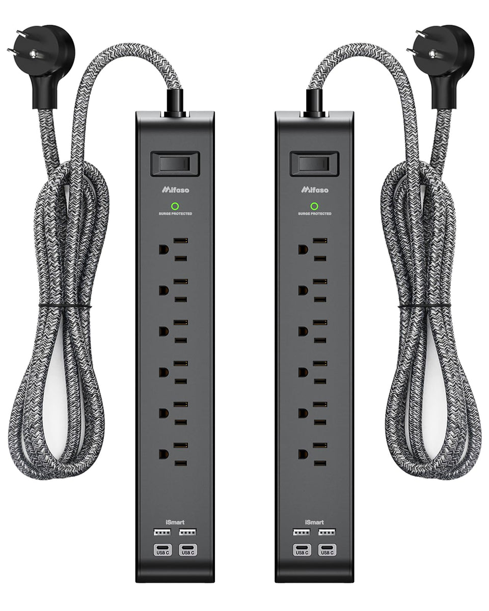 Mifaso front view of power strip showing outlets and USB ports, tidy charging