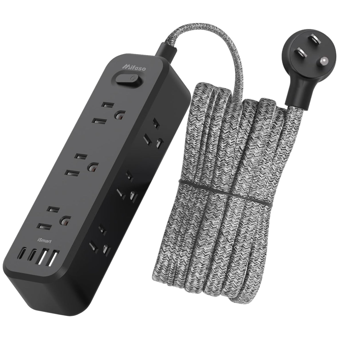 Mifaso front view of power strip showing outlets and sleek housing for organized charging