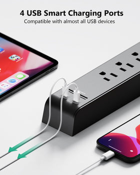 Mifaso strip mounted under a desk demonstrating tidy cable management and accessibility