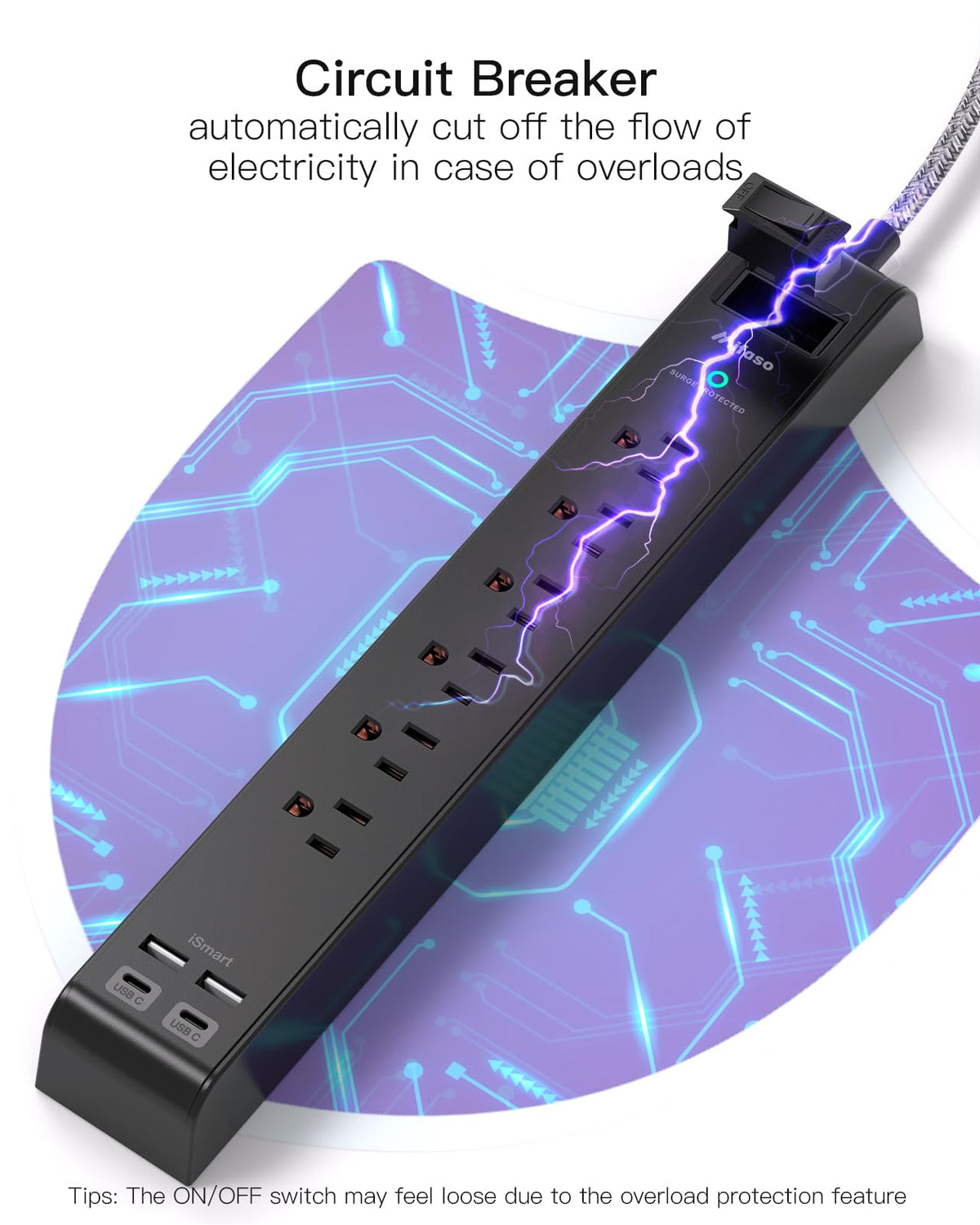 Mifaso power strip on desk next to laptop showing multi-device charging convenience