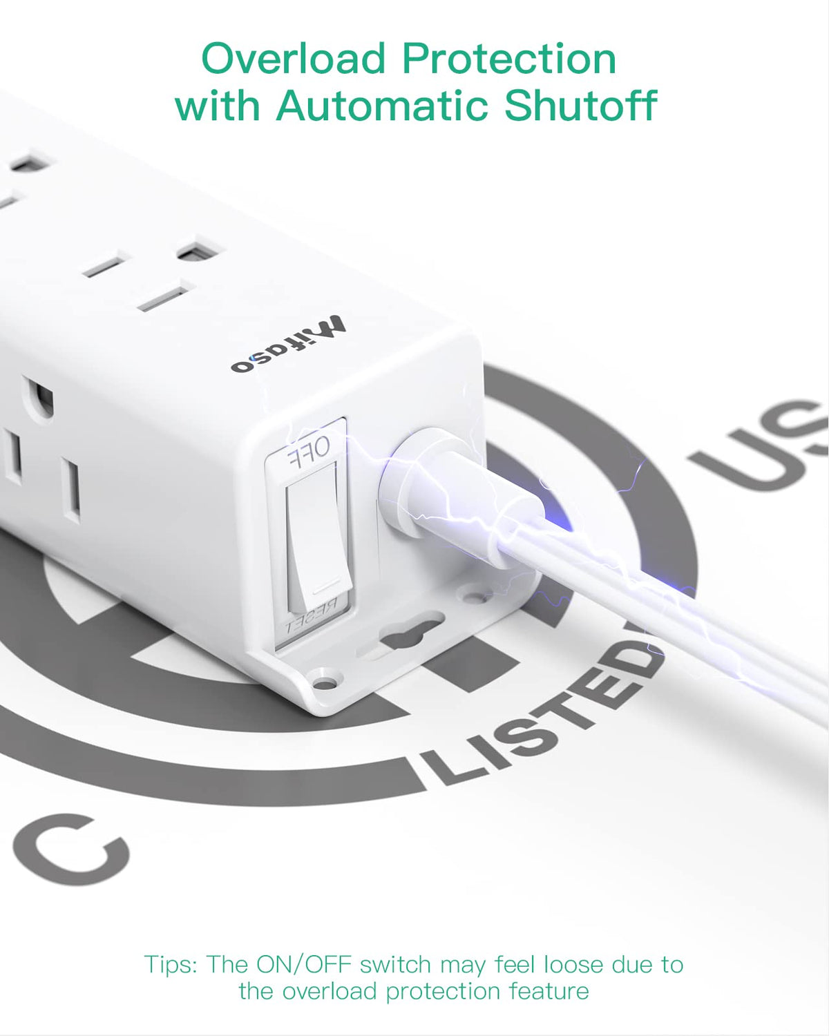Mifaso overload protection with reset switch guards outlets during surges.