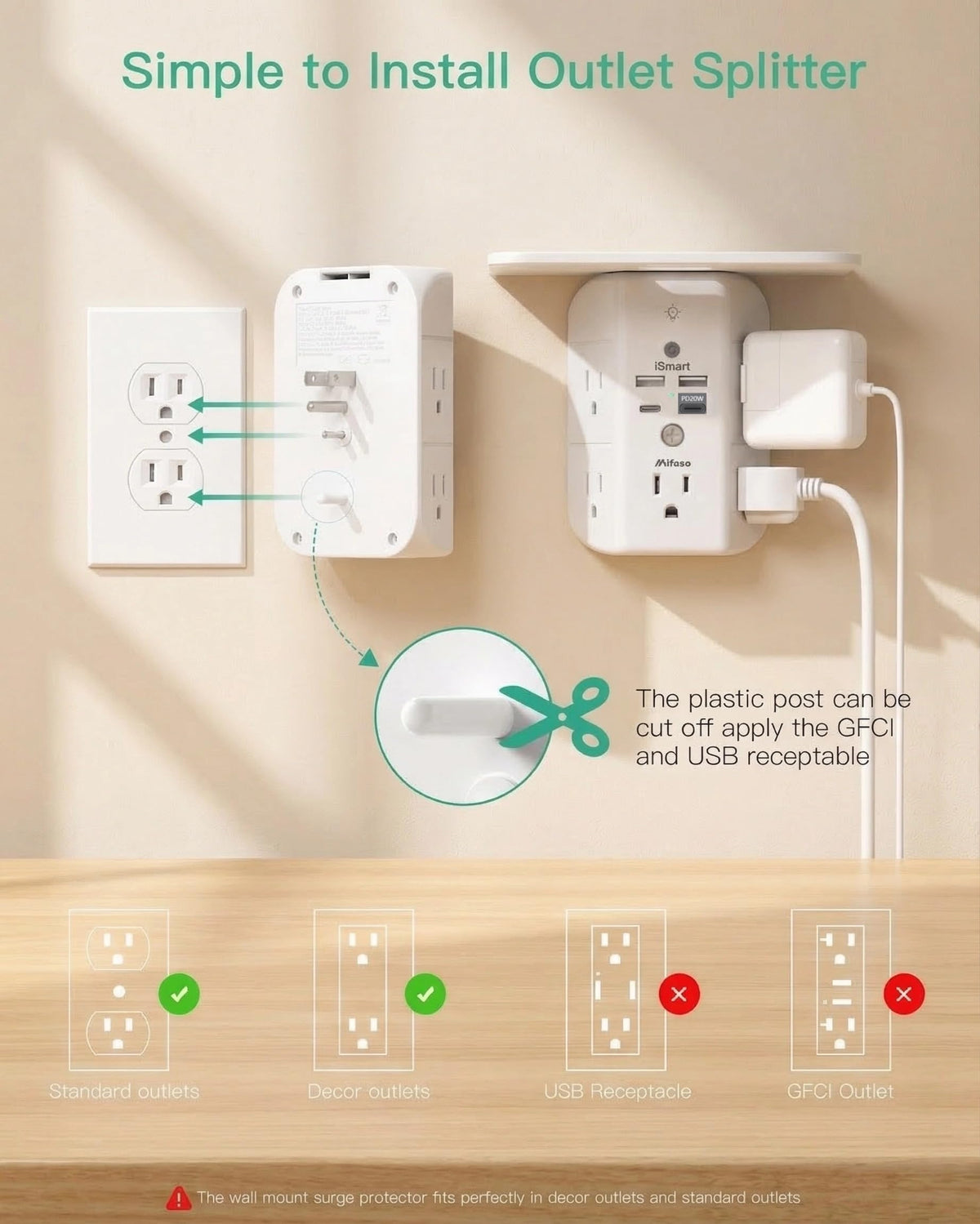 Mifaso PD20W USB-C 20W port enables fast charging for compatible devices.